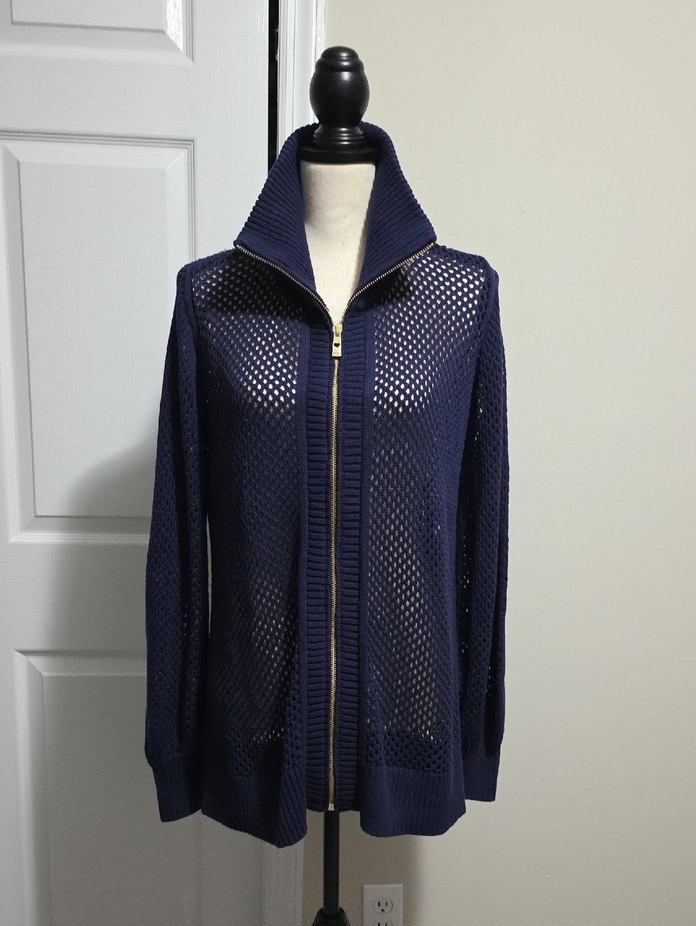 Belle by Kim Gravel Stay Bold Zip Up Collared Cardigan Blue Medium